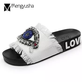 Handmade 5 colors denim slippers woman sandals outdoor crystal eyes decorate slides beading bling flipflops beach slip on shoes 6 чёрный