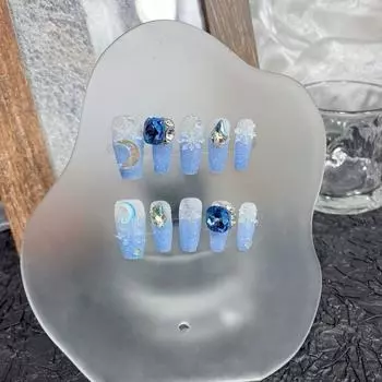 HANDMADE Artificial Nail Gradient Blue Sugar Snowflake Moon Crystal Phototherapy Nails Fake Nails Reusable and Removable Nails XS