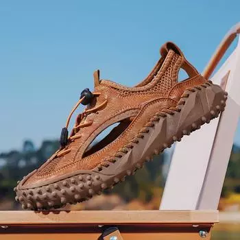 Handmade bag head sandals men s summer mesh breathable soft sole outdoor casual shoes beach sandals hollow hole shoes 38 коричневый