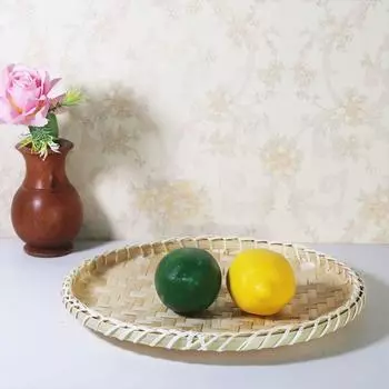 Handmade Bamboo Woven Basket Tray,Flat Wicker Round Fruit Basket Woven Food Storage Shallow Tray Decorative Serving Tray Wall