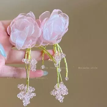 Handmade Beaded Tassel Flowers Stud Earrings Women s Super Hot Seaside Vacation Style Dopamine Earrings Eye-Catching Accessories Earrings Handmade Beaded Pink Crystal Tassel