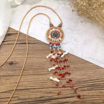 Handmade Bohemian Vintage Natural Gravel Fringed Woven Necklace Versatile Long Sweater Chain Accessories