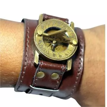 Handmade Brass Compass Sundial Wrist Watch Compass Sundial Watch Leather strep