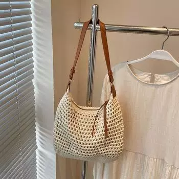 Handmade Cotton Braided Bag Female Summer 2025 New Arrival Casual Commuter Shoulder Bag Seaside Holiday Crossbody Beach Bag Off-white without pendant