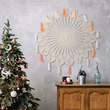 Handmade Crochet Doily Round Tablecloth, Backdrop Hollow Cotton Table Cover Macrame Wall Hanging