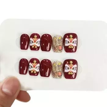 Handmade Exquisite Lion Nail Art National Style Handcrafted Decoration Nail XS