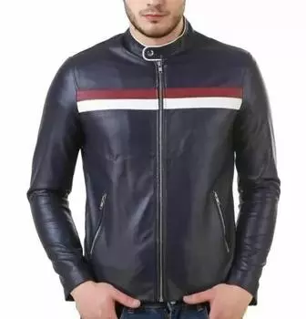 Стильная синяя мужская байкерская куртка из натуральной овчины ручной работы XS синий