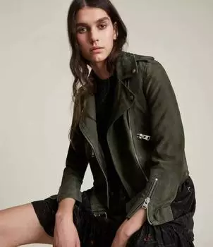 Куртка ручная работа зеленая женская из натуральной мягкой замши кожаная байкерская повседневная классическая XS зелёный