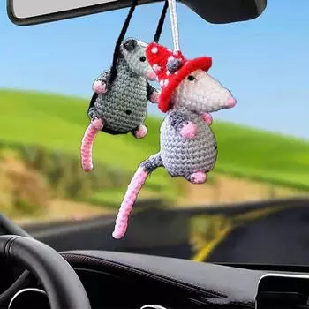 Handmade Knitted Mice Car Pendant Acrylic 2D Flat Rearview Mirrors Accessories Car Charm With Vivid Colors For Family Friends