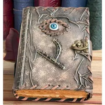 Handmade Leather Spellbook Journal - 7x5 Inch Fantasy Notebook with Eye design, , Gothic Horror Grimoire, Evil Eye, Halloween 7 x 5 in