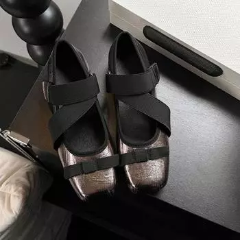 Handmade leather square head bow ballet Mary Jane shoes women s cross strap color matching low heel single shoes women s shoes silver 35