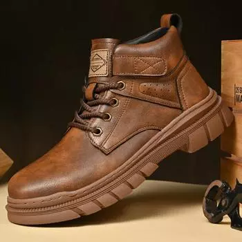 Handmade Man High Top Shoes Fashion Casual Leather Mens Ankle Boots Short Outdoor Sneakers Classic Non-Slip Men Motorcycle Boots 38 коричневый