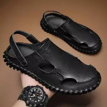Handmade Mens Sandals Rome Style Leather Beach Shoes For Men Breathable Summer Casual Shoes Outdoor Leisure Man Sandaly Slides 38 чёрный