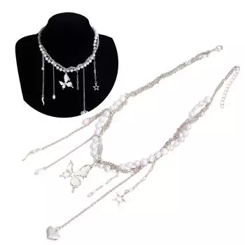 Ожерелье ручной работы с уникальной бахромой из бисера. Уникальная цепочка с бахромой и кулоном в виде бабочки. Изящное ожерелье для вечеринок.