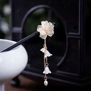 Handmade Orchid Flower Hairpins Hair Sticks with Tassel Vintage Wood Chinese Hair Stick Pins for Women Hair Jewelry Accessories