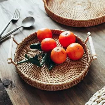 Поднос для хранения из ротанга ручной работы с ручкой Поднос из ротанга ручной работы Плетеная корзина Поднос для фруктов Органайзер из ротанга Домашний декор 22X3.5cm