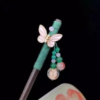 Handmade retro natural agate Xiuyu walking hairpin female antique Hanfu fringed headdress hairpin disc hair wooden hairpin