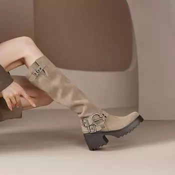Handmade retro women s shoes 2024 autumn and winter new thin matte thick-soled piled boots women s thick-heeled high boots knight boots 35