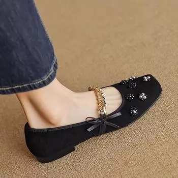 Handmade shoes~ Super beautiful self-retention~ French pearl square head light mouth single shoes women s spring bow flat Mary Jane shoes 40 абрикосовый