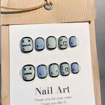 HANDMADE Short Artificial Nail Cartoon Cute Comic Face Phototherapy Nails Fake Nails Reusable and Removable Nails XS