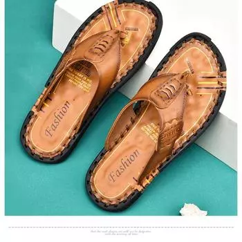 Handmade Slippers High Quality Genuine Leather Men Flip Flops Original Design Indoor&Outdoor Soft Beach Casual Shoes 38 чёрный