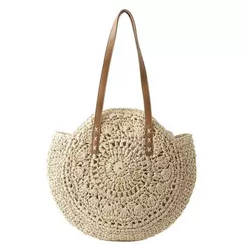 Handmade Straw Weave Bag Round Woven Shoulder Bag Fashion Straw Tote Bag Travel