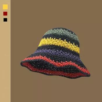 Handmade Straw Woven Bucket Hat Children s Summer Little Fresh Seaside Vacation Sunshade Sun Protection Hat Bucket Hat Make Your Face Look Smaller Black M(56-58cm)