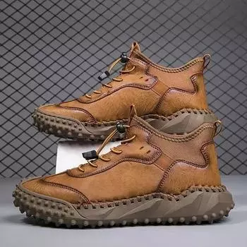 Handmade suture MEN S khaki leather casual shoes autumn winter fashion new chunky outdoor sport male ankle boots hombres BOTAS 38 серый