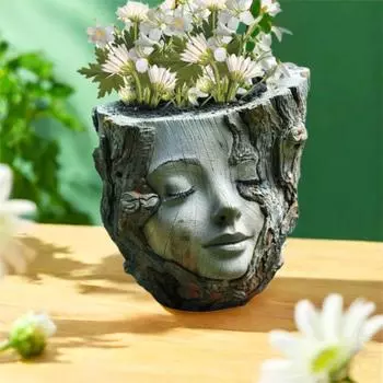 Handmade Tree Stump Girl Pot Funny Figure Planter Creative Girl Face Flowerpot Home Office Decors Girl