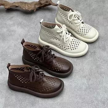 Женские летние сандалии ручной работы из натуральной кожи в стиле ретро с дышащими полыми ботинками с круглым носком и шнуровкой 35 белый