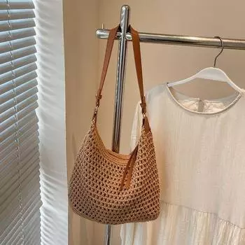 Handmade Woven Bag for Women 2025 New Idle Style Casual Vacation Shoulder Bag Large Capacity Shoulder Tote Bag Khaki without pendant