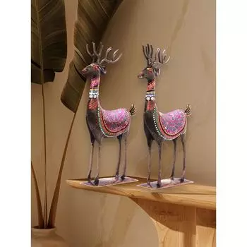 Handpainted Iron Deer Showpiece Set of 2 Vibrantly Coloured Tabletop Liiving Room Office Home Decor Gift Item (Deer Set)
