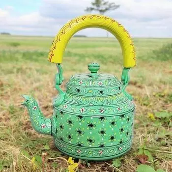 Handpainted Traditional Aluminium Colourfull Decorative Tea Kettle(6 Inch) (Green)