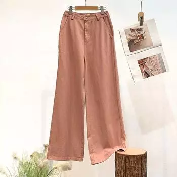 Handsome and Stylish! Fashionable Stylish! European and American Single ~ Denim Cotton High-Waisted Trousers ~ Micro-Pull Loose Pants Pants Women Pink 42