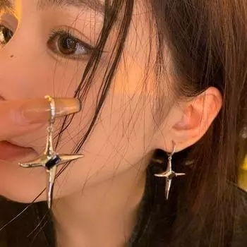 Handsome Cool Niche Design Classy Cold Wind Earrings Black zircon cross ear buckle