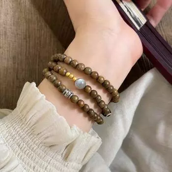 Handwoven Wood Beaded Strand Bracelets Elastic Green Natural Sandalwood Bracelet Gift Gold Wire Sandalwood