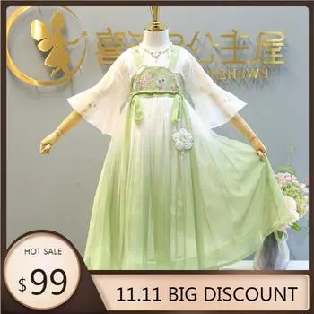 Ханфу девушка в китайском стиле тканевое летнее платье античный костюм Тан костюм супер феи платье маленькая девочка юбка русалки принцессы нижнее белье S