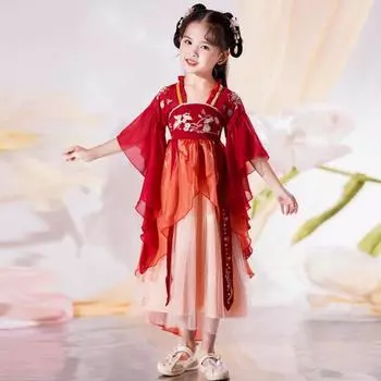 Ханфу девушка в китайском стиле тканевое летнее платье античный костюм Тан костюм супер феи платье маленькая девочка юбка русалки принцессы нижнее белье XS