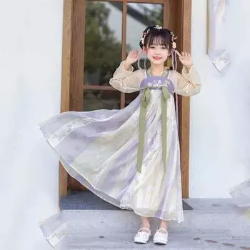 Ханфу девушка в китайском стиле тканевое летнее платье античный костюм Тан костюм супер феи платье маленькая девочка юбка русалки принцессы нижнее белье XS