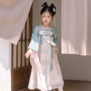 Ханфу девушка в китайском стиле тканевое летнее платье античный костюм Тан костюм супер феи платье маленькая девочка юбка русалки принцессы нижнее белье XS