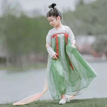 Ханфу девушка в китайском стиле тканевое летнее платье античный костюм Тан костюм супер феи платье маленькая девочка юбка русалки принцессы нижнее белье XS