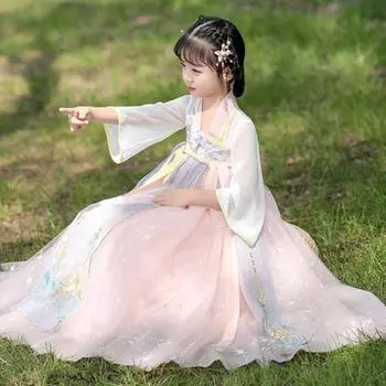 Ханфу девушка в китайском стиле тканевое летнее платье античный костюм Тан костюм супер феи платье маленькая девочка юбка русалки принцессы нижнее белье XS
