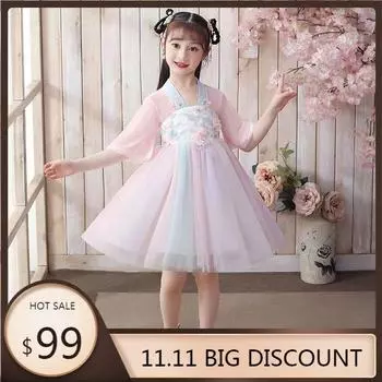 Ханфу девушка в китайском стиле тканевое летнее платье античный костюм Тан костюм супер феи платье маленькая девочка юбка русалки принцессы нижнее белье S