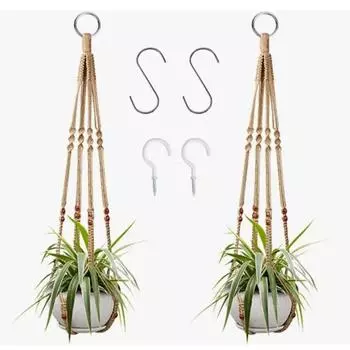 Hanging Basket Gardening Hanging Basket No Fringe Flowerpot Net Boho Hand-woven Cotton Rope бежевый