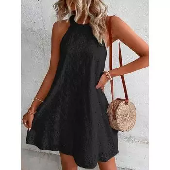 Hanging Neck Dress European American Summer New Women s Lace Pure Color Sleeveless Button Halterneck Dress Black XL