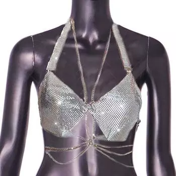 Hanging Neck Rhinestone Crop Top Zircon Wome s Beachwear Fashion Crystal Bikini Camisole Party L