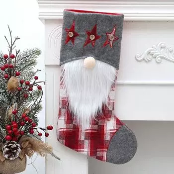 Hanging Rudolf Christmas Socks Gift Bag Cute Handmade Faceless Gnome Doll Plaid Socks Creative Cartoon Christmas Candy Socks красный