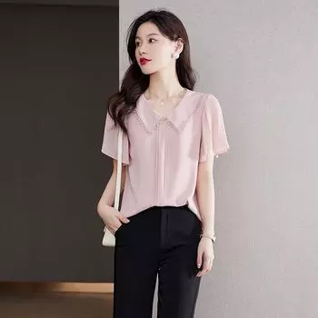 Hangzhou Belly Covering Peter Pan Collar Short Sleeve T-shirt Silk Pink 2XL