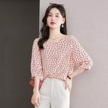 Hangzhou Famous Brand Summer Dress Polka Dot Half Sleeve Square Collar Silk Red dot M