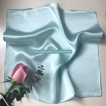 Hangzhou Mulberry Silk Handkerchief Plaid Face Wiping Towel Real Silk Crepe Satin Small Square Towel Women s Handkerchief Pure Color Gift Box Lake Blue (35x 35cm)